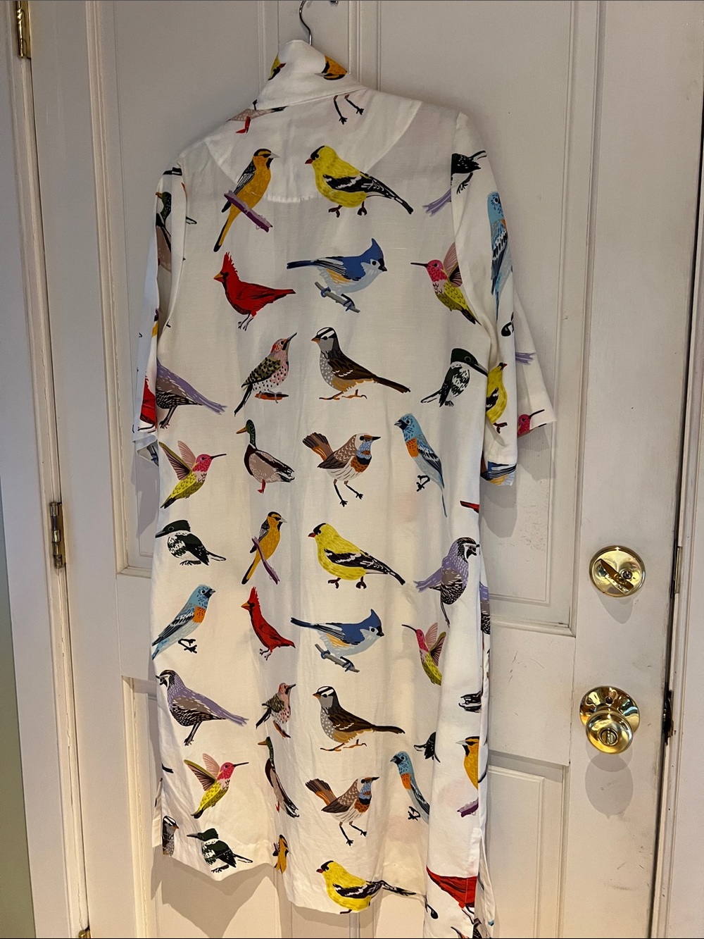 White Midi Shirt Dress with Colorful Bird Print - Picture 3 of 4